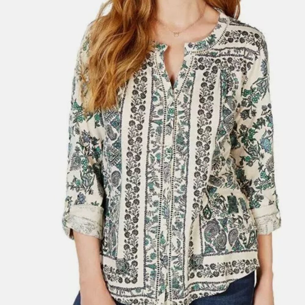 Style & Co Womens Beige Scarf Solitude Roll Tab Sleeve Button Up Top - Size M